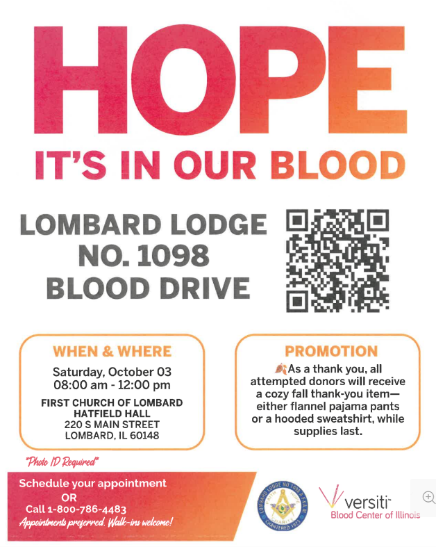 Lombard Lodge No. 1098 Blood Drive (with Versiti Blood Center of Illinois) header image