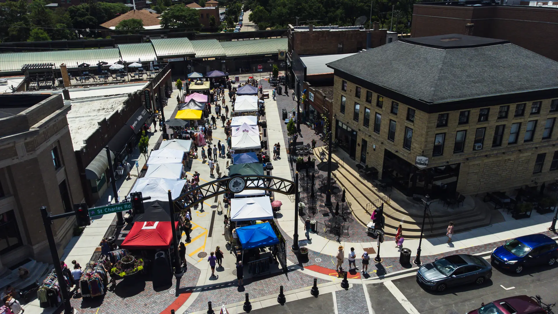 An aerial view of the Lombard Farmers Market in historic downtown