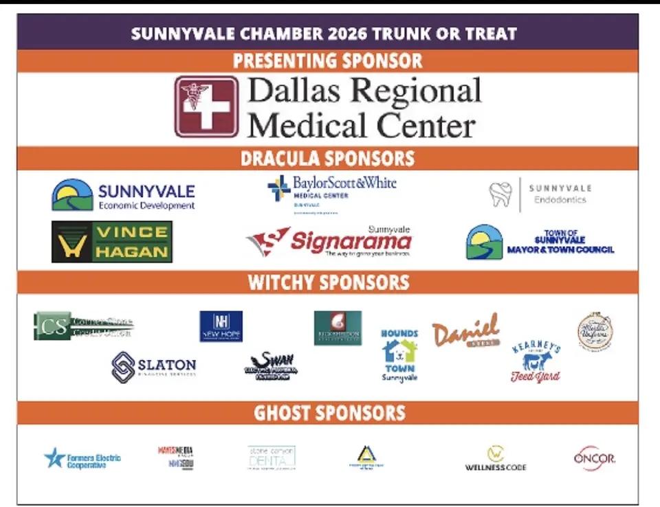 2026 Sunnyvale Chamber Trunk or Treat sponsor graphic recognizing Presenting, Dracula, Witchy, and Ghost sponsors.