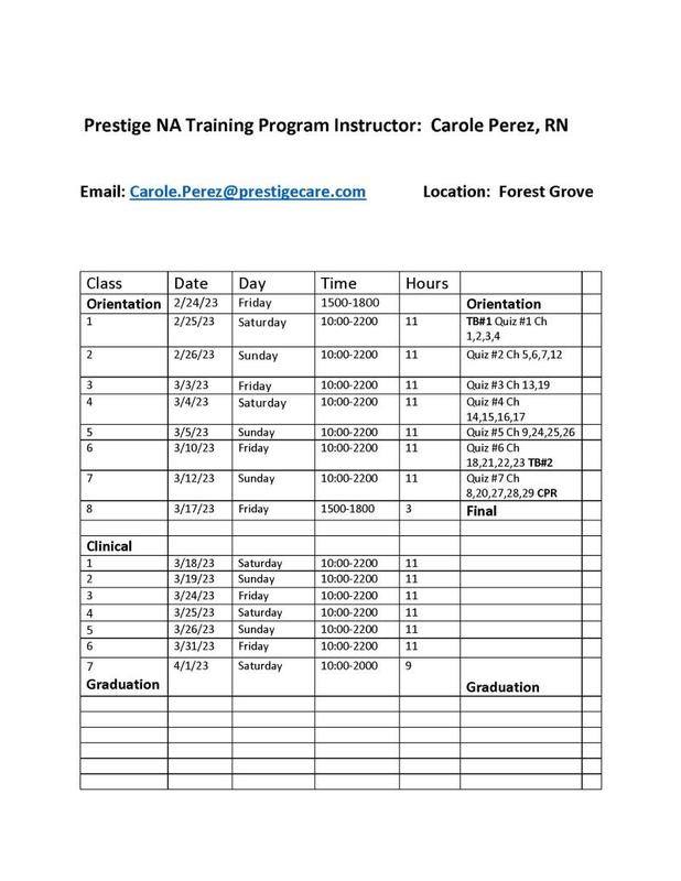 Prestige NA Training Program, Instructor:  Carole Perez, RN header image
