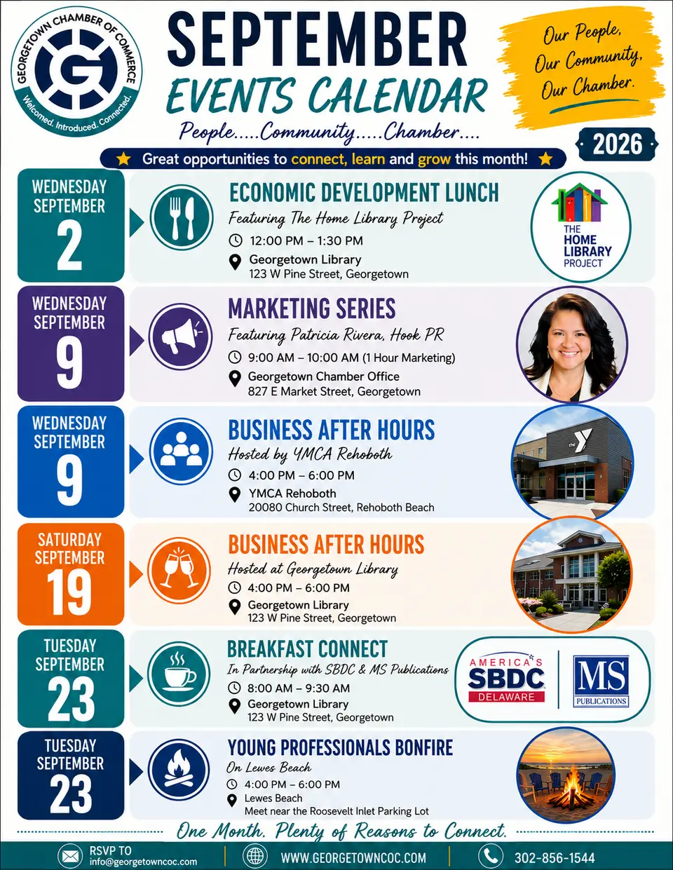 Georgetown Chamber September 2026 events calendar. Economic Development Lunch September 2; Marketing Series and Business After Hours September 9; Business After Hours at Georgetown Library September 19; Breakfast Connect and Young Professionals Bonfire September 23.