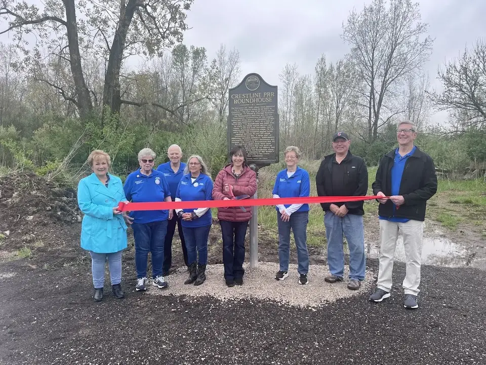 Ribbon cutting ceremony celebrating the new Crestline PRR Roundhouse historical marker in Crestline, Ohio.