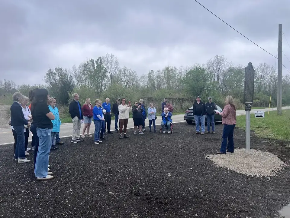 Speaker addresses attendees during the dedication of the Crestline PRR Roundhouse historical marker.
