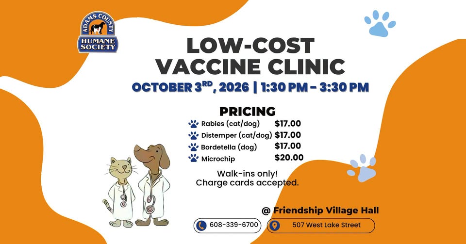 Adams County Humane Society Low-Cost Vaccine Clinic  header image