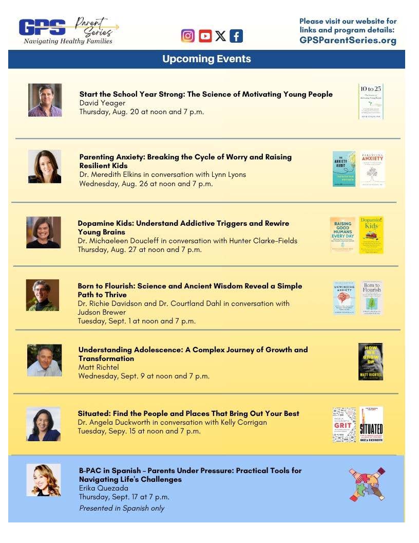 GPS Parent Series Events Upcoming Events Through September header image