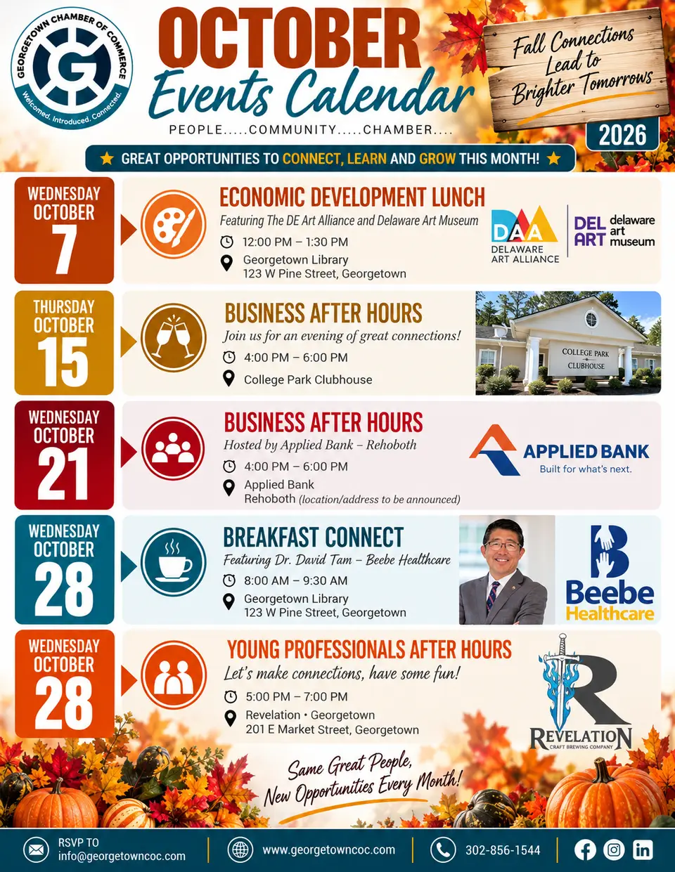 Georgetown Chamber September 2026 events calendar. Economic Development Lunch September 2; Marketing Series and Business After Hours September 9; Business After Hours at Georgetown Library September 19; Breakfast Connect and Young Professionals Bonfire September 23.