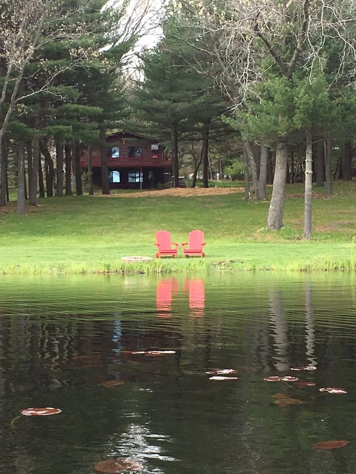 Two red Adirondack chairs on a grassy shoreline by a lake, with trees and a house visible in the background.