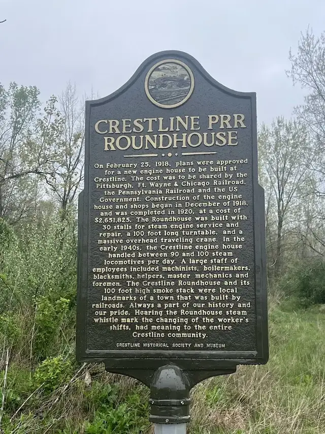 Crestline PRR Roundhouse historical marker detailing the history of the Pennsylvania Railroad roundhouse.