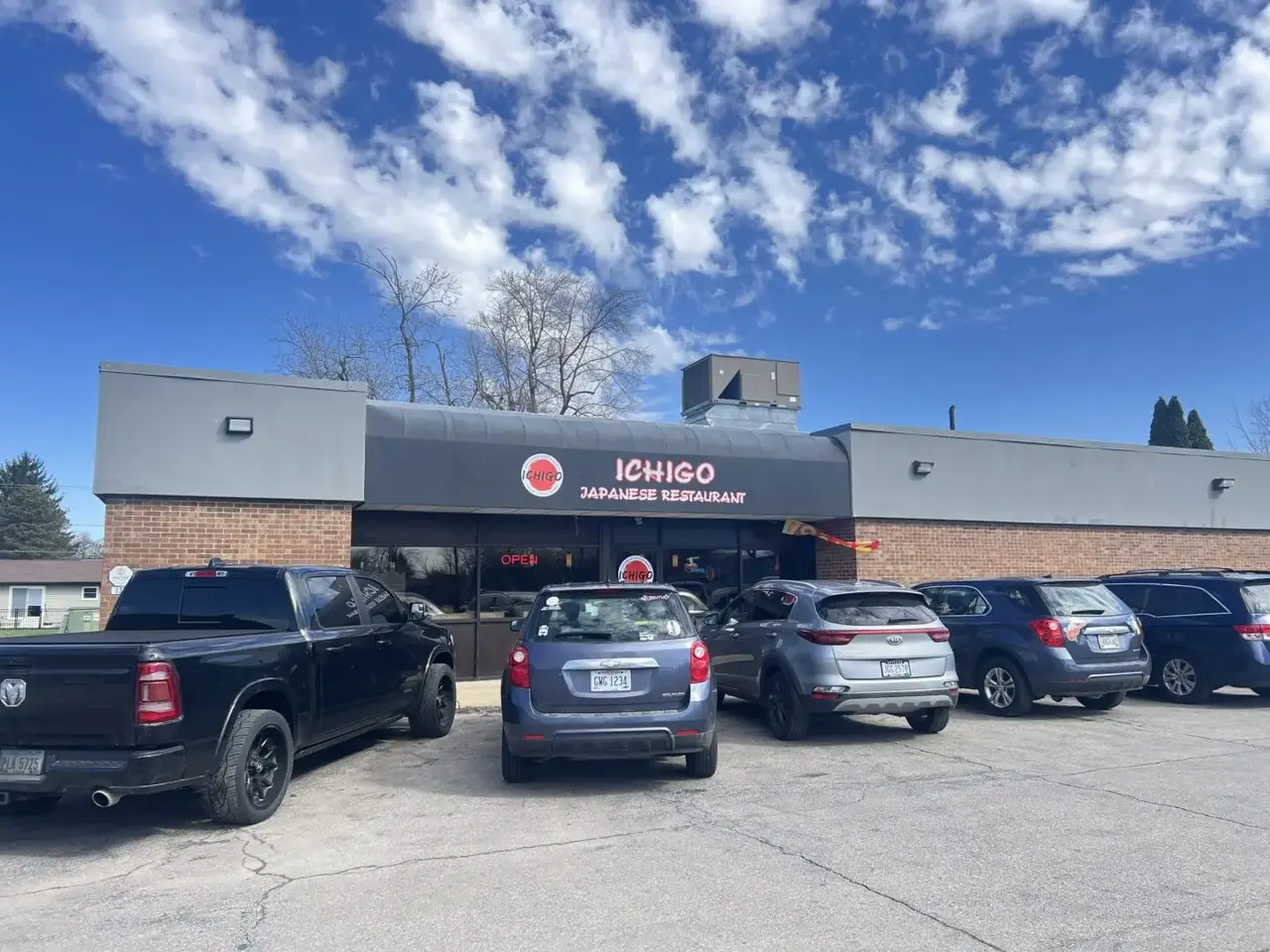 Exterior sign and parking lot of Ichigo Japanese Restaurant on Seltzer Street, Crestline, Ohio.