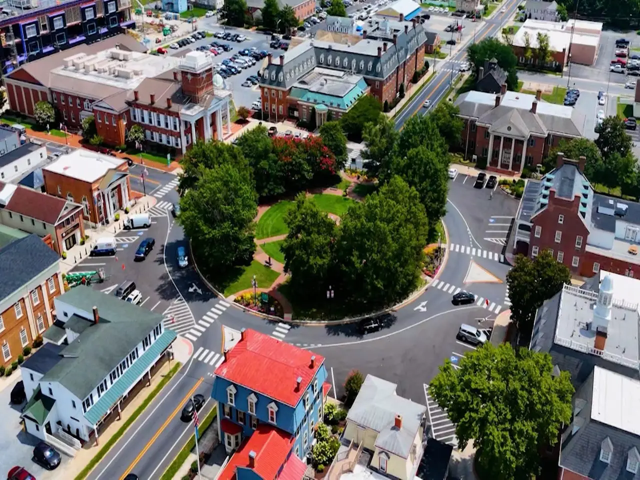 Aerial view of The Circle and courthouse in Georgetown