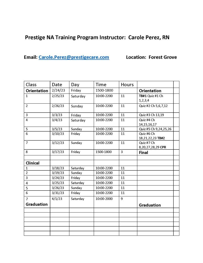 Prestige NA Training Program, Instructor:  Carole Perez, RN header image