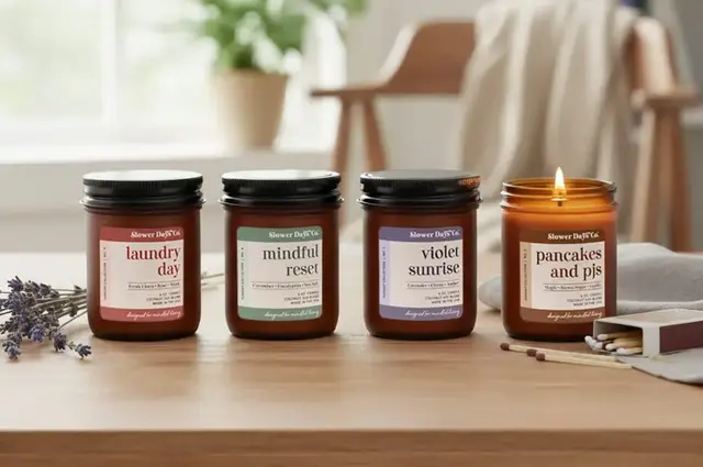 Four Slower Days Co. candles labeled Laundry Day, Mindful Reset, Violet Sunrise, and Pancakes and PJs on a table, with one candle lit